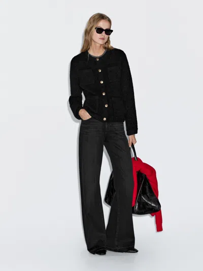 Massimo Dutti Wool Blend Knit Cardigan With Gold Buttons In Black