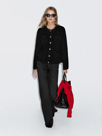 Massimo Dutti Wool Blend Knit Cardigan With Gold Buttons In Black