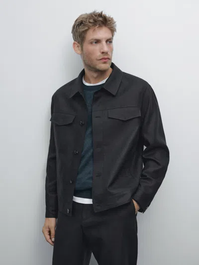 Massimo Dutti 100% Linen Total Look Jacket In Black