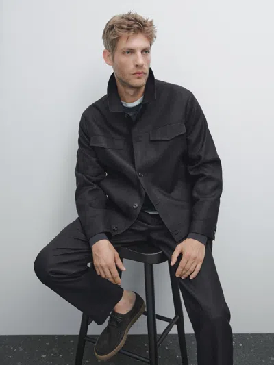 Massimo Dutti 100% Linen Total Look Jacket In Black