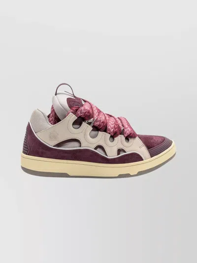 Lanvin Curb Leather And Fabric Sneakers In Beige And Burgundy In Purple