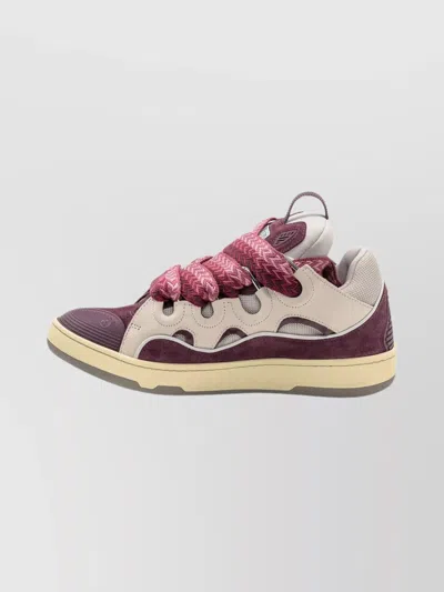 Lanvin Curb Leather And Fabric Sneakers In Beige And Burgundy In Purple