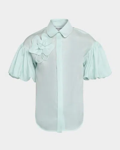 Dice Kayek Flower Applique Silk Puff-sleeve Shirt In Blue