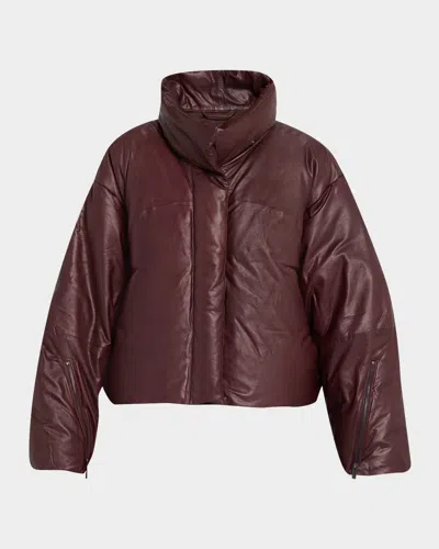 Twp Leather Raglan Puffer Jacket In Brown
