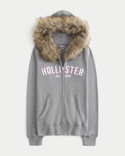 Hollister Faux Fur Trim Logo Graphic Zip-up Hoodie In Gray