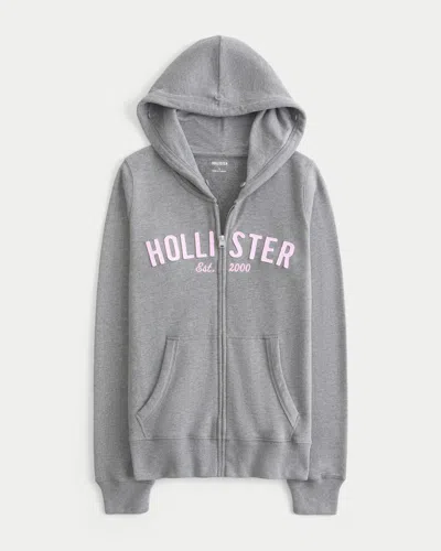 Hollister Faux Fur Trim Logo Graphic Zip-up Hoodie In Gray