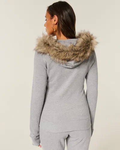 Hollister Faux Fur Trim Logo Graphic Zip-up Hoodie In Gray