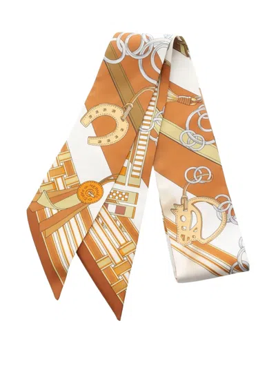 Pre-owned Hermes 2000s Twilly Brides Et Gris-gris Scarf In Orange