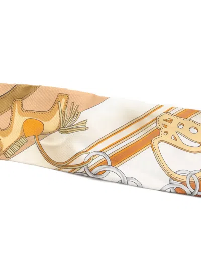 Pre-owned Hermes 2000s Twilly Brides Et Gris-gris Scarf In Orange