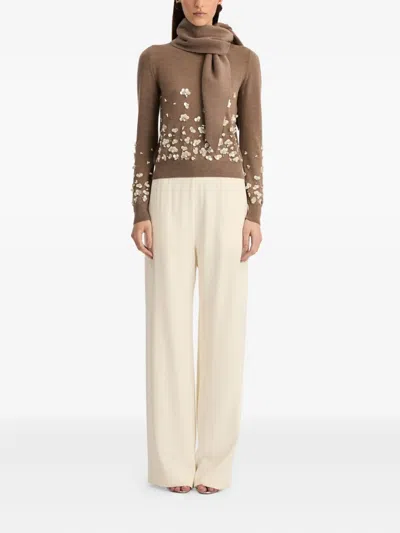 Oscar De La Renta Scarf-detail Embroidered Sweater In Brown