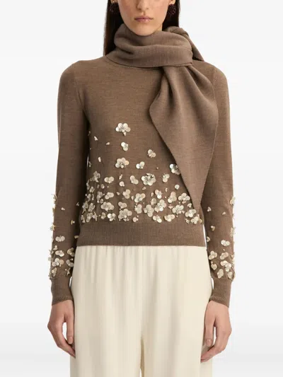 Oscar De La Renta Scarf-detail Embroidered Sweater In Brown