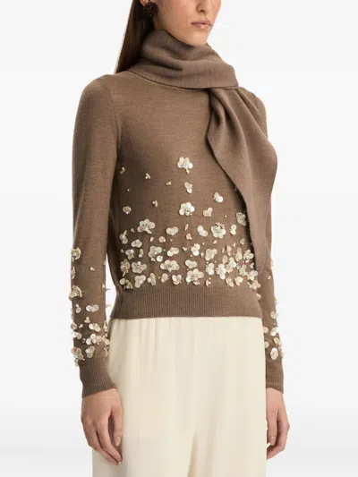 Oscar De La Renta Scarf-detail Embroidered Sweater In Brown