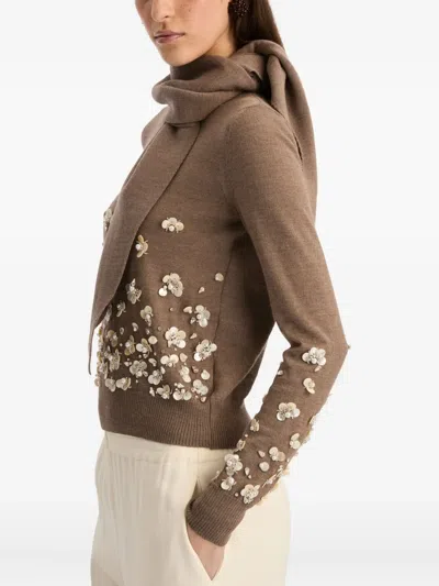 Oscar De La Renta Scarf-detail Embroidered Sweater In Brown