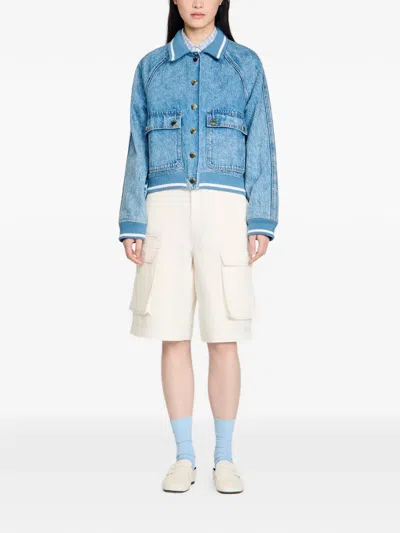Sandro Knitted-collar Denim Jacket In Blue
