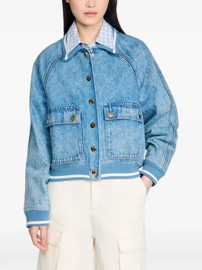 Sandro Knitted-collar Denim Jacket In Blue