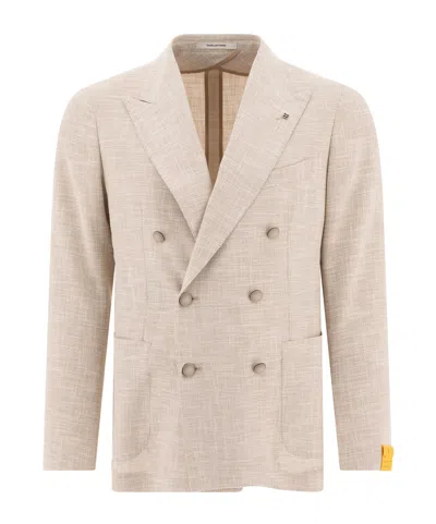Tagliatore Double-breasted Textured Jacket With Structured Lapel In Neutral