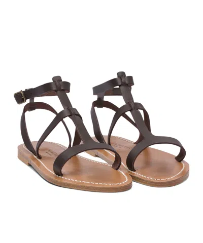 Kjacques K.jacques Minimalist Brown Leather Sandals With Adjustable Ankle Strap In Black