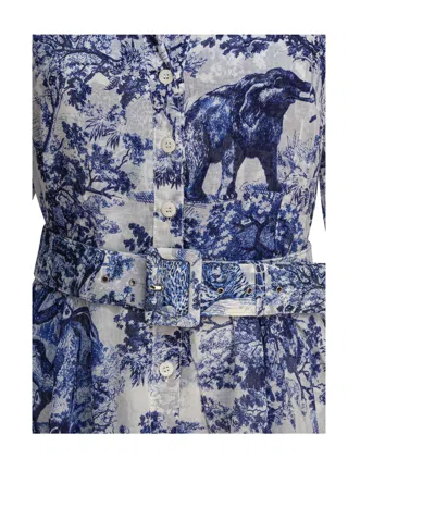 Samantha Sung Shirt Dress With Blue And White Toile Print