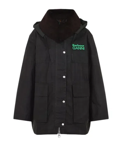 Barbour X Ganni Green Hood Ttn Duffle Wax Cotton Jacket In Black