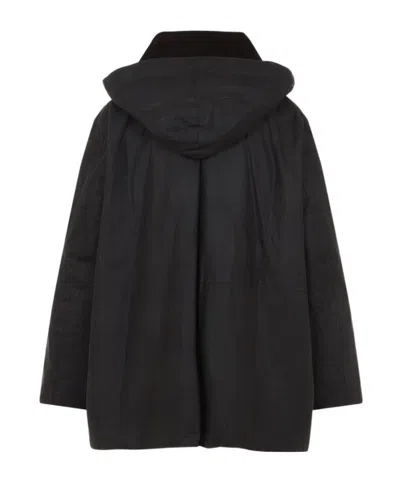 Barbour X Ganni Green Hood Ttn Duffle Wax Cotton Jacket In Black