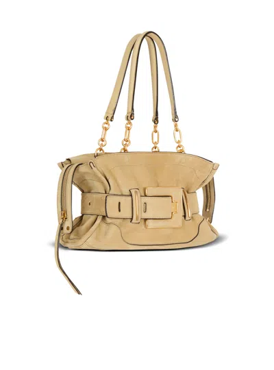 Balmain Anthem Suede Buckle Shoulder Bag In Neutral
