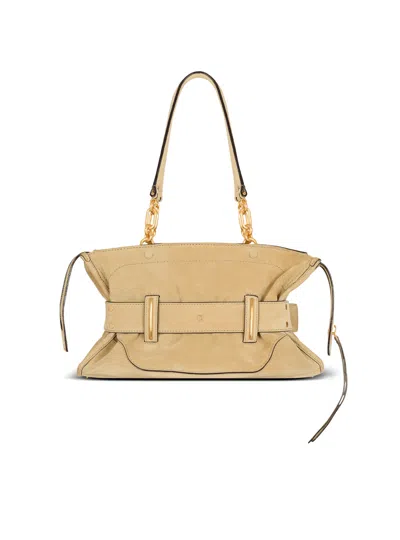 Balmain Anthem Suede Buckle Shoulder Bag In Neutral