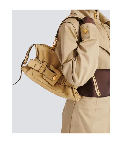Balmain Anthem Suede Buckle Shoulder Bag In Neutral