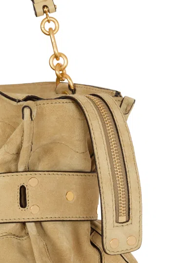Balmain Anthem Suede Buckle Shoulder Bag In Neutral