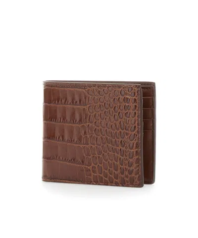 Tom Ford Brown Bi-fold Wallet With Embossed Crocodile Effect In Leather Man In Brown