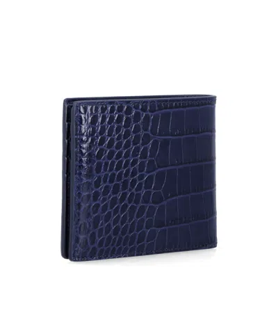 Tom Ford Croc Embossed Leather Compact Bifold Wallet In Blue