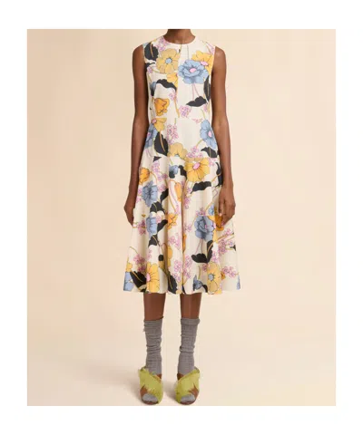 Marni Cream Poplin Midi Dress With Melodia Print In Neutral