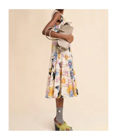 Marni Cream Poplin Midi Dress With Melodia Print In Neutral