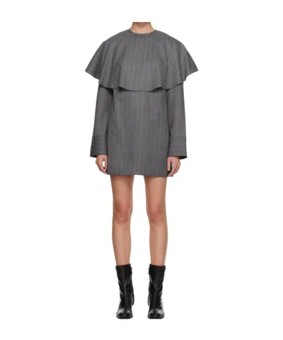 Ganni Striped Round Neck Mini Dress In Gray