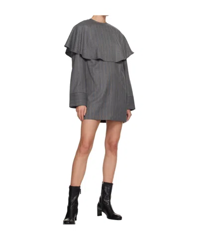 Ganni Striped Round Neck Mini Dress In Gray