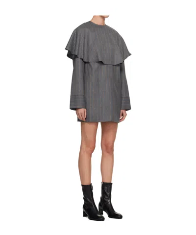 Ganni Striped Round Neck Mini Dress In Gray