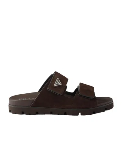 Prada Double Strap Open Toe Leather Sandals In Brown