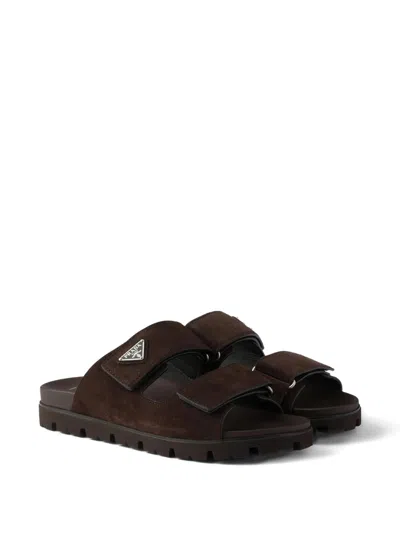 Prada Double Strap Open Toe Leather Sandals In Brown