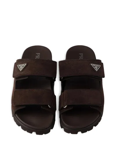 Prada Double Strap Open Toe Leather Sandals In Brown