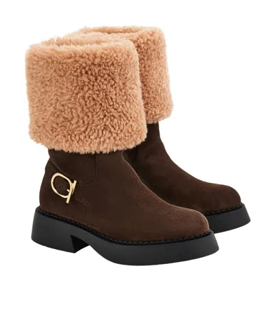 Ferragamo Ankle Boot With Chunky Shearling Detail In Brown