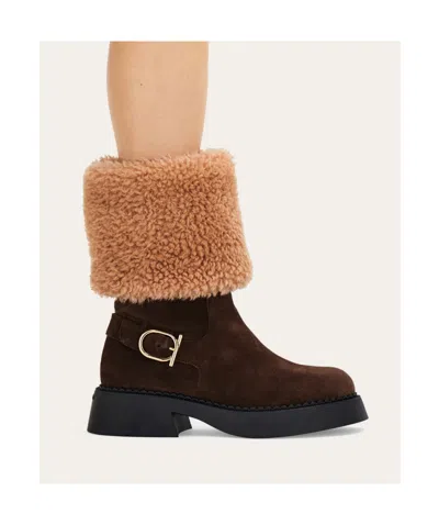 Ferragamo Ankle Boot With Chunky Shearling Detail In Brown