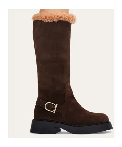 Ferragamo Ankle Boot With Chunky Shearling Detail In Brown