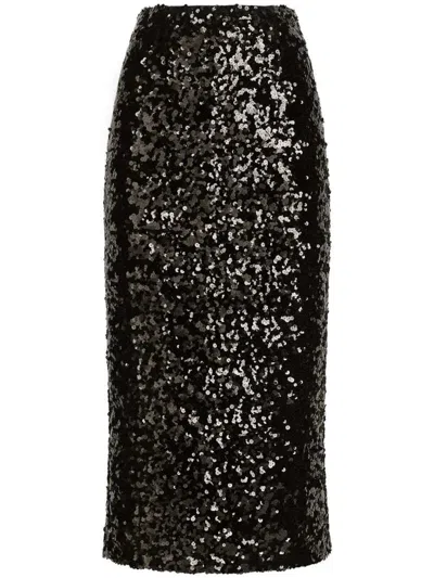 Dolce & Gabbana Sequined Midi Skirt Back Slit Pencil In Black