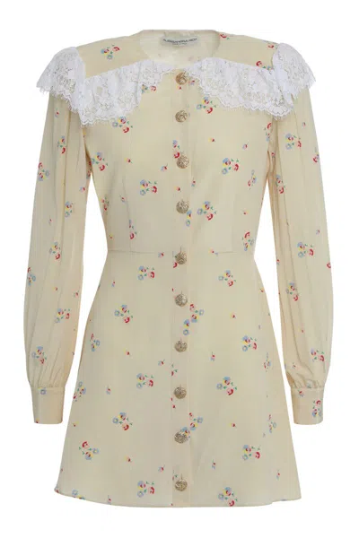 Alessandra Rich Floral Shirt Dress Lace Collar Neckline In Neutral