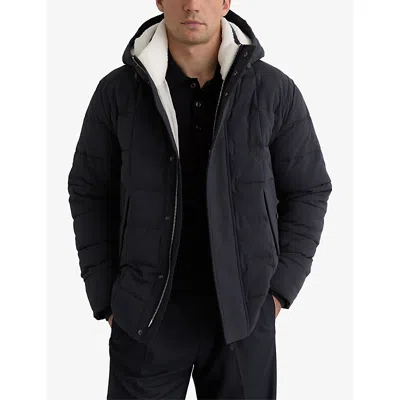 Reiss Navy Fleece-lined Hooded Puffer Jacket In Blue