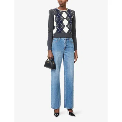 Self-portrait Womens Self Portrait Rhinestone Straight-leg Denim Jeans In Blue