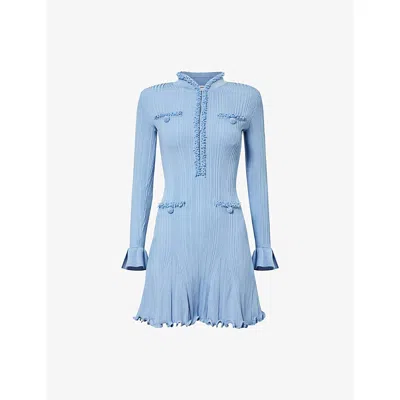 Self-portrait Self Portrait Mini Ribbed Knit Short Dress With Pearl Embellishments In Blue