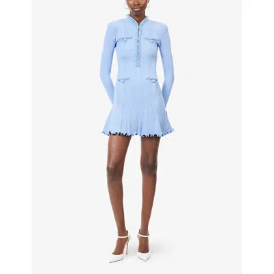 Self-portrait Self Portrait Mini Ribbed Knit Short Dress With Pearl Embellishments In Blue