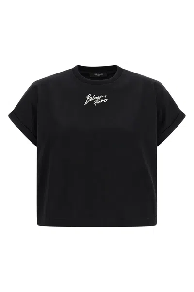 Balmain Cropped Logo Cotton T-shirt In Black