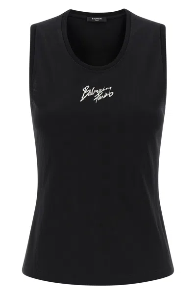 Balmain Paris Logo Sleeveless Round Neck Top In Black
