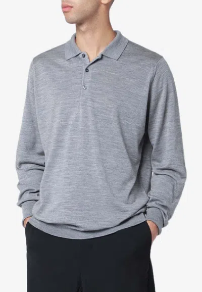 John Smedley Wool Polo Shirt Long Sleeves Ribbed Cuffs In Gray